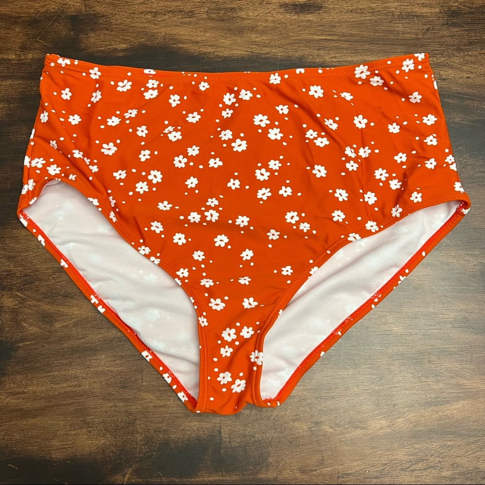 Orange white high waist floral bikini bottom extra large
